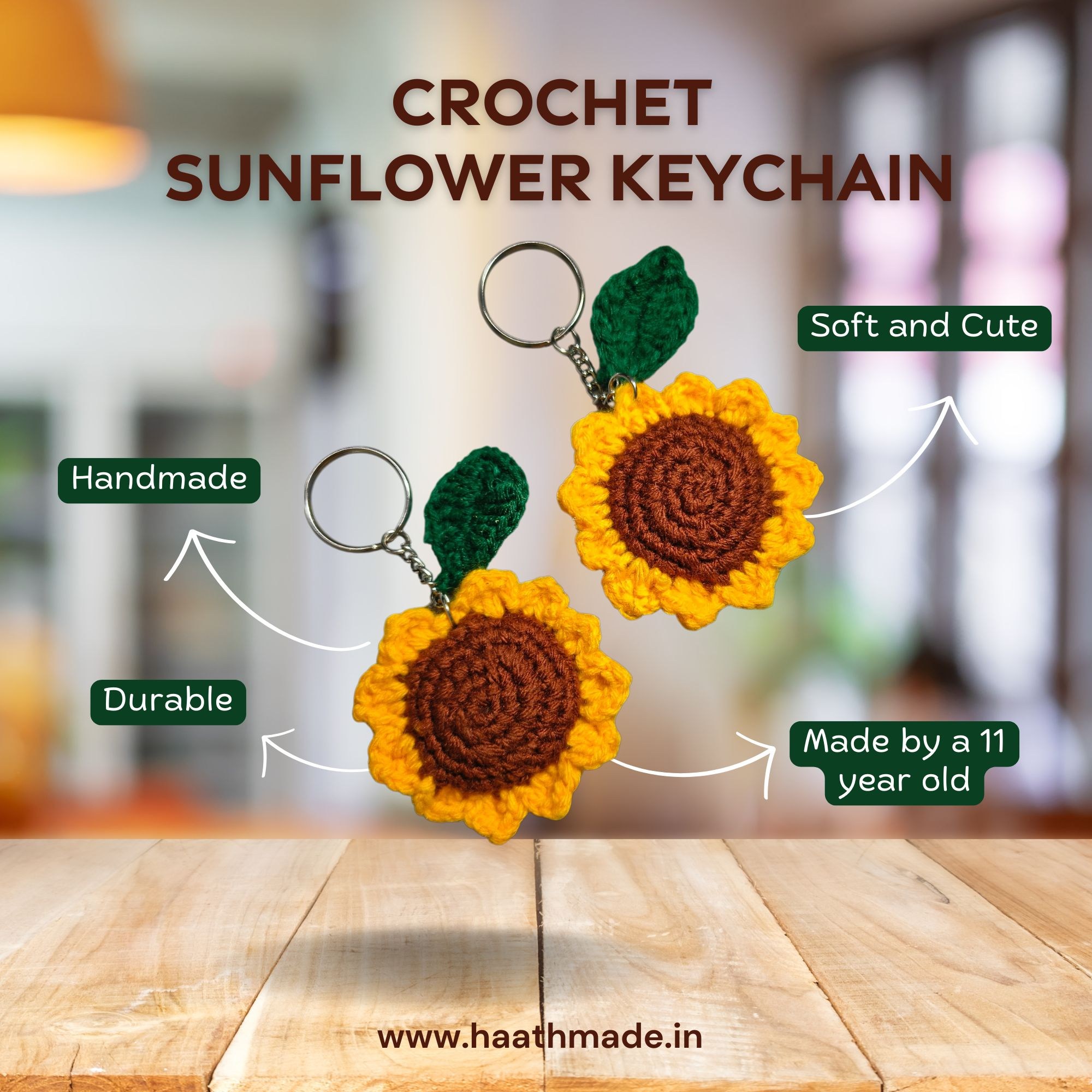 Crochet Sunflower Keychain Handmade Yellow Flower Keyring
