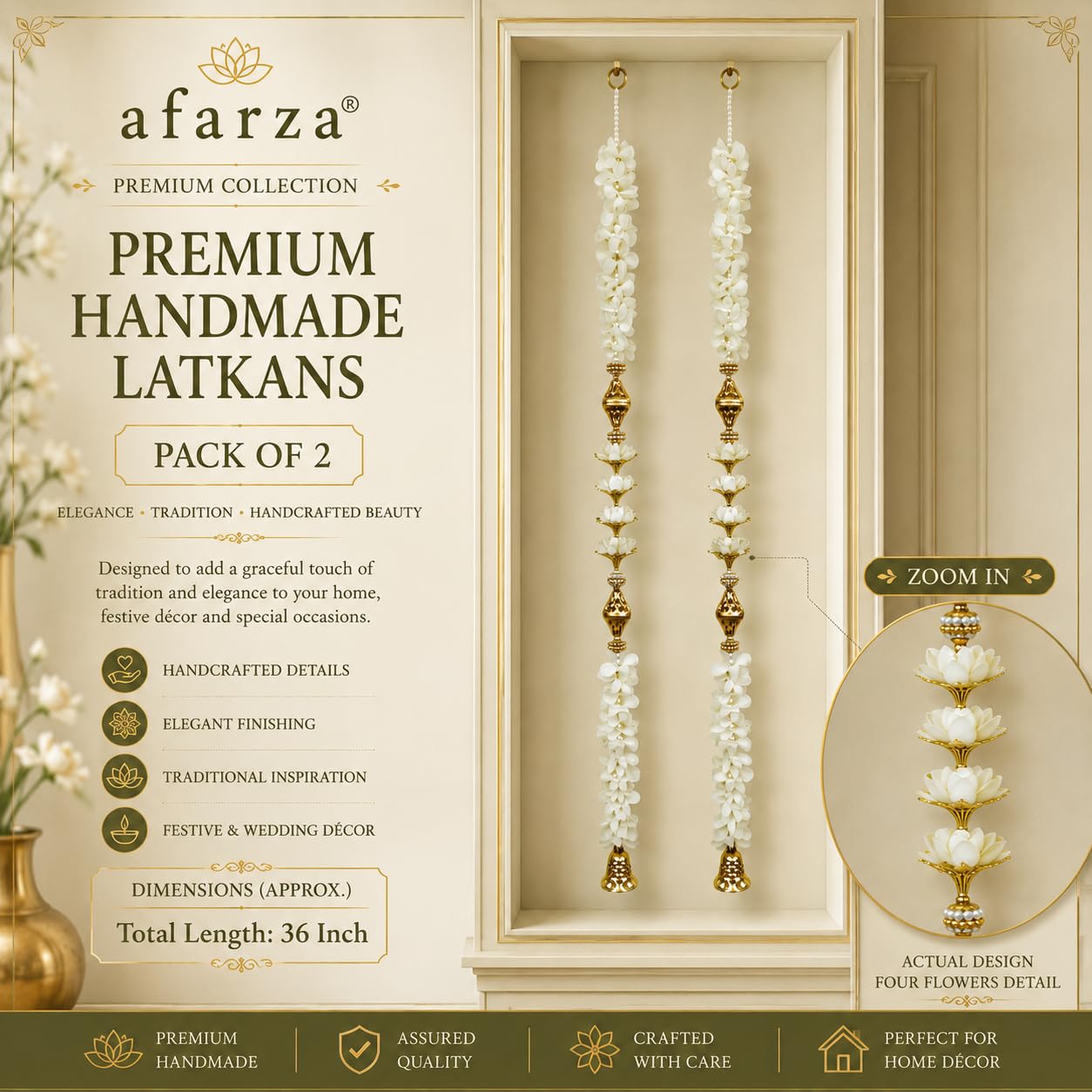 afarza haathmade Latkan for Door Hanging Artificial Flower Garlands Latest Home Decoration Latkan 2 Piece (White, 36 INCH) - Image 3