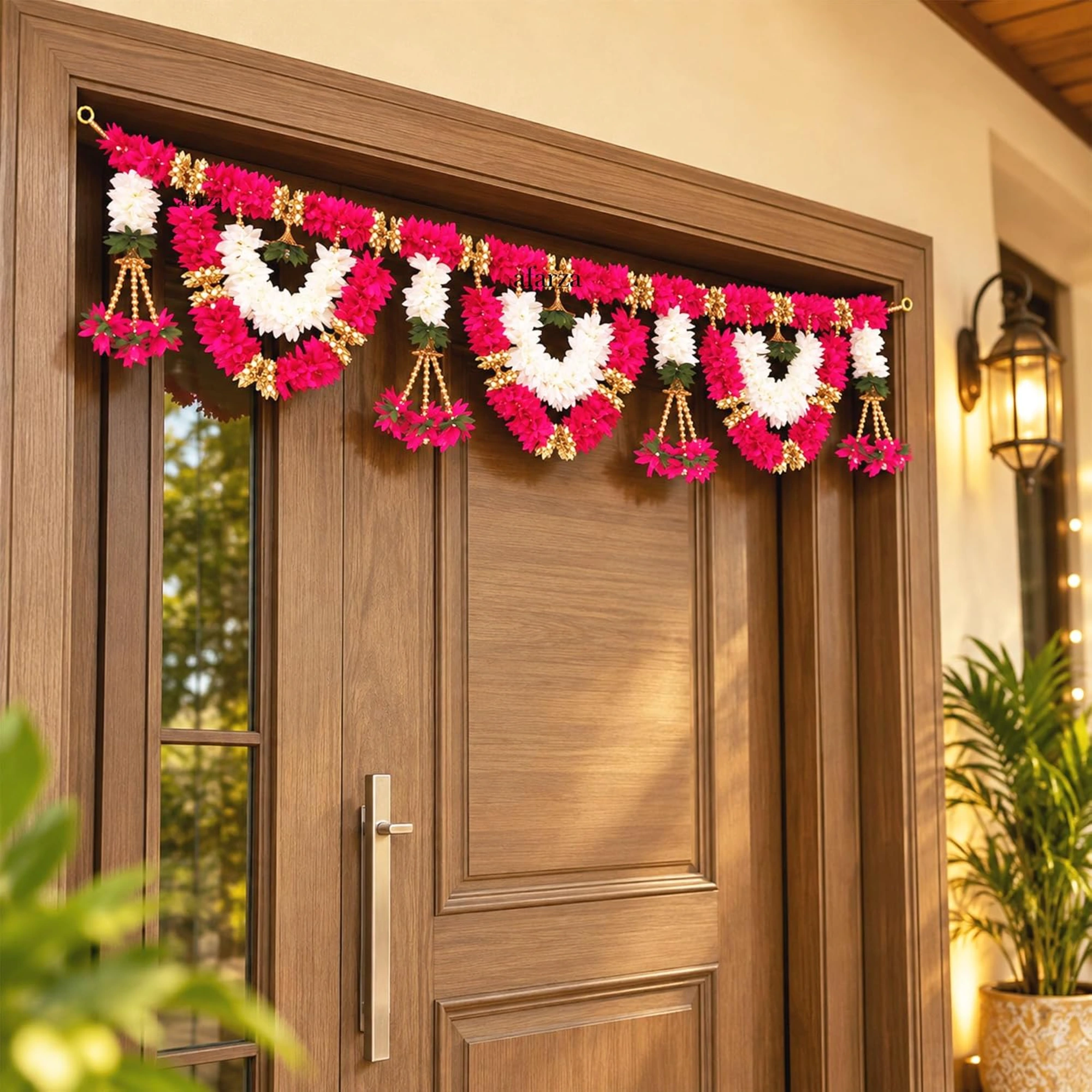 Rani Pink and White Floral Door Toran with Gold Accents