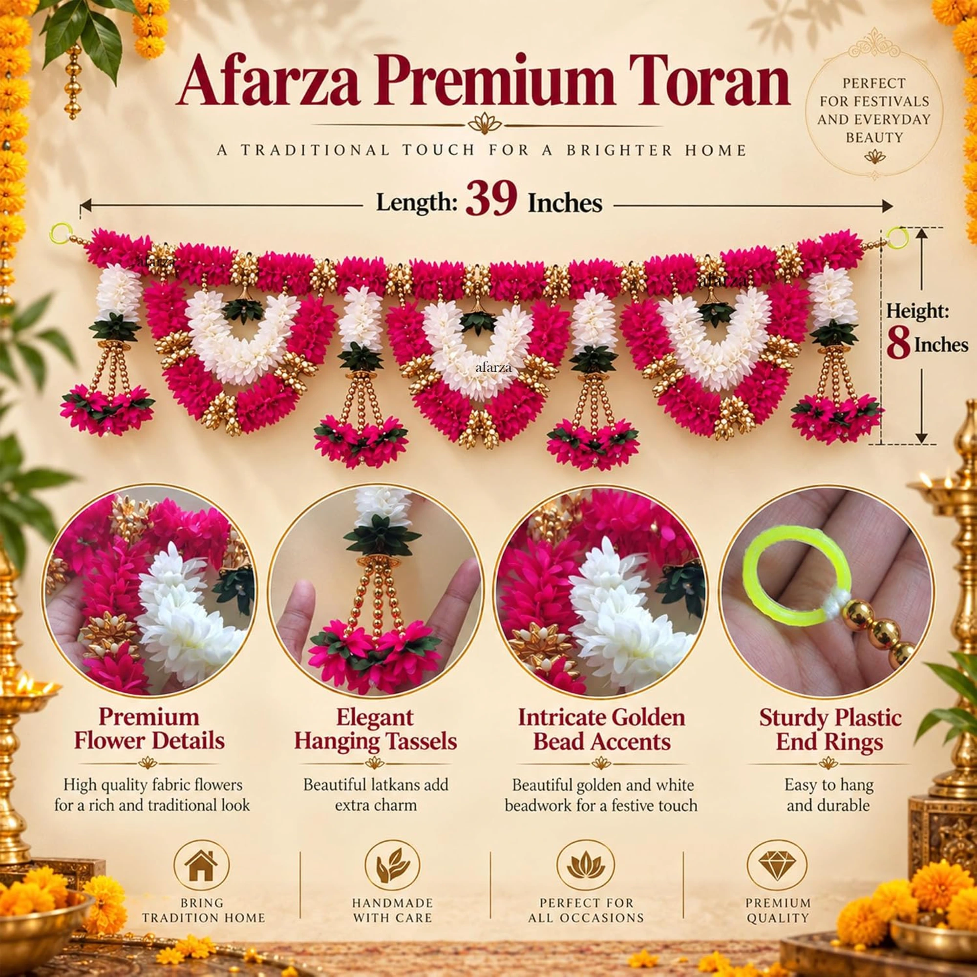 afarza Haathmade Premium Rani and White Floral Door Toran | Traditional Decorative Hanging for Door & Festive Home Décor-Rani - Image 3